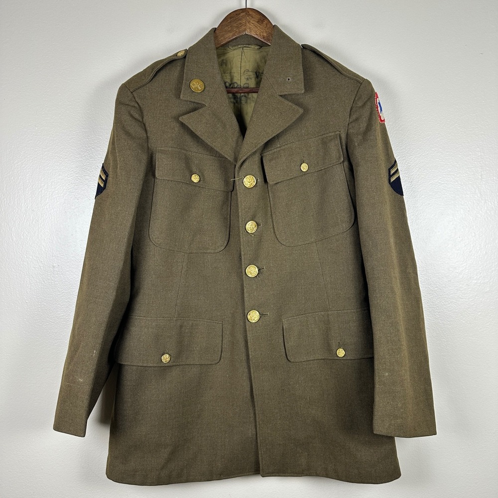 US Military Men's 38R Service Coat Olive Drab Wool Vintage Army Uniform Jacket